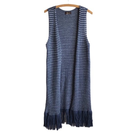 Iperico Cardigan Open Front Sleeveless Long Knit Fringe Blue White - Picture 8 of 8